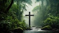 Searching for Christ, a journey towards Faith. A Cross in the luxurious green rain forest among the trees Royalty Free Stock Photo