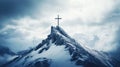 Searching for Christ, a journey towards Faith. A Cross in the peak of a snowy mountain chain amidst the clouds