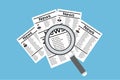 Searching Data from newspapers with a magnifying glass. Collecting data and other information from the newspapers. Flat character Royalty Free Stock Photo