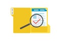 Searching file banner. Cartoon magnifying glass and yellow open folder with documents. File manager, data storage Royalty Free Stock Photo