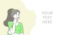 Searching idea flat banner design template. Young woman solving problem, making decision outline cartoon character with