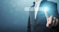 Hand of businessman touching magnifying glass icon search Royalty Free Stock Photo