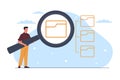 Searching information in database. Man hold hold magnifying glass. Finding documents in internet. Digital electronic