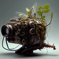 Illustration of old antique camera, surrounded by plants, wallpaper and background for your home and office