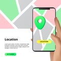 Searching location maps sharing concept. For business, market, shopping direction with smarthphone app with hand illustration