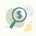 Searching magnifier glass dollar. Money vector icon on multicolored background