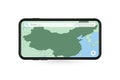 Searching map of China in Smartphone map application. Map of China in Cell Phone