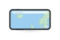 Searching map of Faroe Islands in Smartphone map application. Map of Faroe Islands in Cell Phone