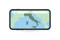 Searching map of Italy in Smartphone map application. Map of Italy in Cell Phone Royalty Free Stock Photo