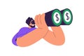 Searching money, finance opportunities, financial goal. Man looking through binoculars, seeing investment income