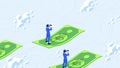 Searching for money. Isometric businessman looking for money with binocular. Isometric dollar flies in cloudscape