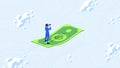 Searching for money. Isometric businessman looking for money with binocular. Isometric dollar flies in cloudscape