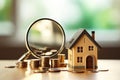 Searching money for new home. Coins and house model with magnifying glass on the table