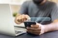 Searching network information internet. Man using smartphone finger pointing smartphone screen with browser search. Virtual Royalty Free Stock Photo