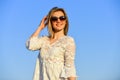 Searching new ideas. Summer outdoor lifestyle. Happy young woman posing over blue sky. pretty young beautiful woman in Royalty Free Stock Photo