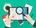 Searching road map location vector illustration or reviewing trip travel direction route on city navigation digital