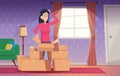 Searching in room. Person exploring self room indoor interior environment discover exact vector cartoon background