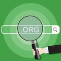 Searching system. Picture of a hand holding a magnifying glass on the search engine org. Vector illustration