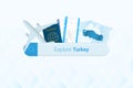 Searching tickets to Turkey or travel destination in Turkey. Searching bar with airplane, passport, boarding pass, tickets and map Royalty Free Stock Photo
