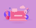 Searching web bar on the screen of modern laptop. 3d cute style vector illustration with cute elements. Copy space. Banners,