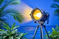 Studio spotlight glowing among tropical plants with blue sea and sky background Royalty Free Stock Photo
