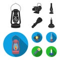Searchlight, kerosene lamp, candle, flashlight.Light source set collection icons in black, flat style vector symbol