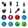 Searchlight, kerosene lamp, candle, flashlight.Light source set collection icons in black,flet style vector symbol stock
