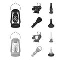 Searchlight, kerosene lamp, candle, flashlight.Light source set collection icons in black,monochrom style vector symbol