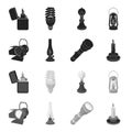 Searchlight, kerosene lamp, candle, flashlight.Light source set collection icons in black,monochrome style vector symbol