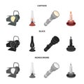 Searchlight, kerosene lamp, candle, flashlight.Light source set collection icons in cartoon,black,monochrome style