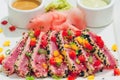 Seared Ahi Tuna with Sauces - horizontal Royalty Free Stock Photo