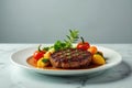 Seared beef fillet with roasted vegetables and herb garnish on a white plate. Generative AI Royalty Free Stock Photo