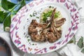 Seared Lamb Chops with Mashed Potatoes on the table at restaurant Royalty Free Stock Photo