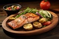 Seared salmon steak accompanied by fried potatoes and a fresh vegetable salad, presented on a wooden table