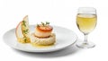 Seared Scallop on Rice with Pear Slice and Viognier Wine Isolated on White Background a Refined Culinary Experience Royalty Free Stock Photo