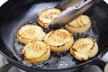 Seared scallops in cast iron pan with tongs