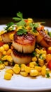 Seared scallops with corn salsa and fresh herbs on a white plate Royalty Free Stock Photo