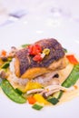 Seared sea bass with risotto vegetables Royalty Free Stock Photo