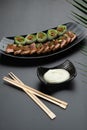 Seared tuna sesame and fresh spring rolls with ginger sesame soy sauce Royalty Free Stock Photo