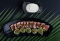 Seared tuna sesame and fresh spring rolls with ginger sesame soy sauce Royalty Free Stock Photo