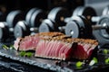 seared tuna steak with free weights rack blurred Royalty Free Stock Photo