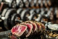 seared tuna steak with free weights rack blurred Royalty Free Stock Photo