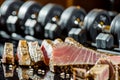 seared tuna steak with free weights rack blurred Royalty Free Stock Photo