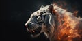 Searing Spectacle: Fantasy Poster Featuring a Flaming White Albino Tiger Amidst Ashes