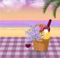 Hand drawn vector illustration of a picnic wicker basket and a glass of wine Royalty Free Stock Photo