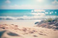 Seascape abstract beach background. blur bokeh light of calm sea and sky. Focus on sand foreground Royalty Free Stock Photo