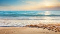 Seascape abstract beach background. blur bokeh light of calm sea and sky. Focus on sand foreground. Royalty Free Stock Photo