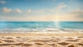 Seascape abstract beach background. blur bokeh light of calm sea and sky. Focus on sand foreground. Royalty Free Stock Photo