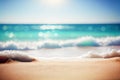 Seascape abstract beach with blurred bokeh light of calm sea and sky. Focus on sand foreground Royalty Free Stock Photo
