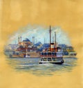 Seascape with Ayasofya and ferry in Istanbul. Watercolor illustration.